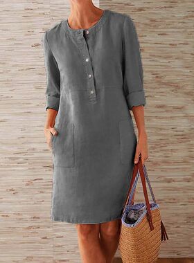 Round neck long sleeved dress for women 纯色圆领长袖连衣裙女