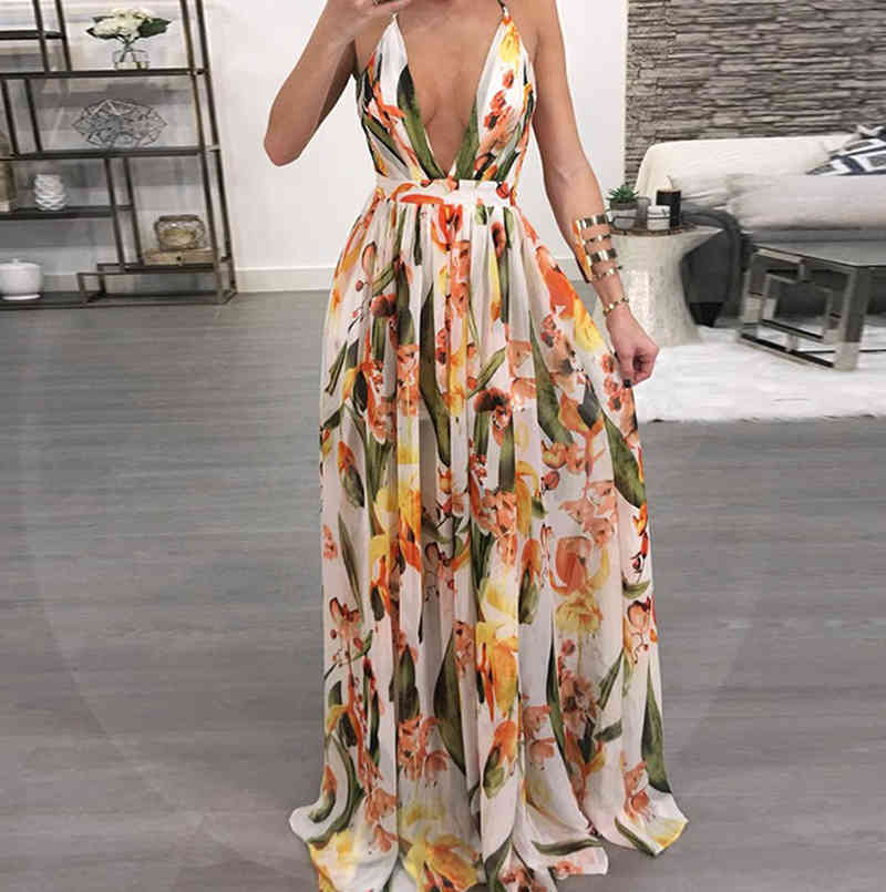 Print Party Dress Deep V Neck Backless Long Dress