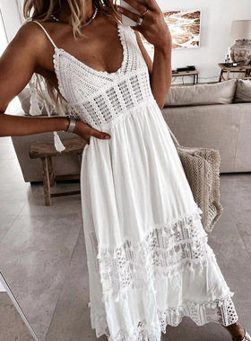 Hollow Out Sleeveless  Female Slim Tassel Dress 蕾丝拼接女裙