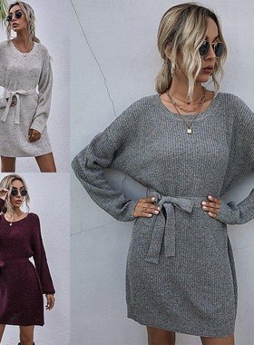 Women's solidcolor loose long sweater dress ladies 2021 fall