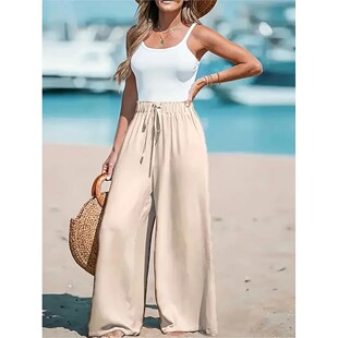 纯色宽松松紧腰直筒长裤Solid color elastic straight leg pants