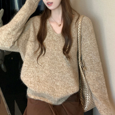 韩版V领毛衣女2025新款秋冬季宽松慵懒风显瘦厚款长袖针织衫上衣