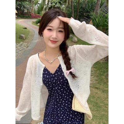 薄款百搭防晒空调衫女夏季chic钩花镂空针织开衫显瘦宽松外搭上衣