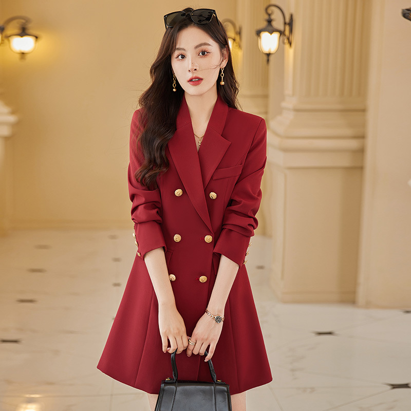 高端酒红色风衣女中长款2025新款秋冬轻熟英伦双排扣西装大衣外套