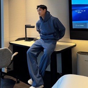 美式重磅套装加绒500G加厚保暖纯色卫衣健身弯刀裤短宽男高级感冬