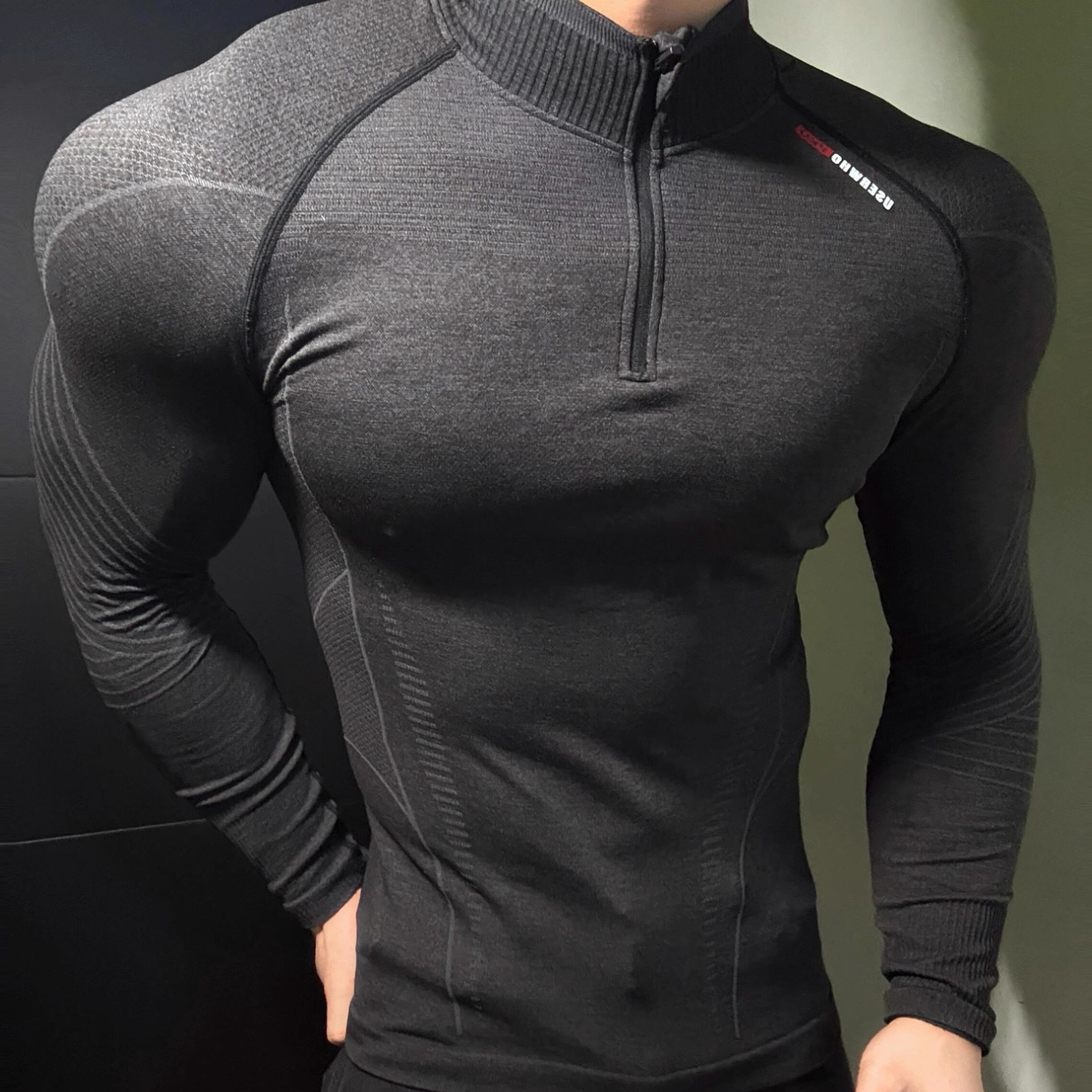 半拉链无缝提花健身紧身衣长袖高弹训练服显肌肉教练打底速干上衣