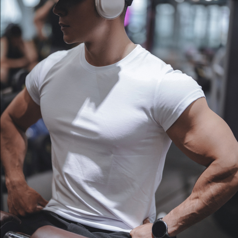 夏季透气短袖健身衣服修身紧身衣纯色三分袖纯棉无袖肌肉男半截袖