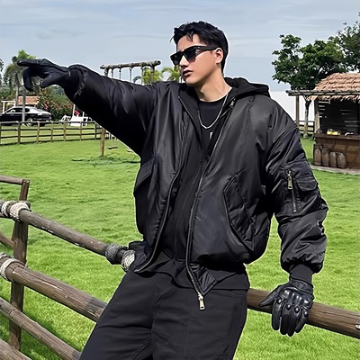 美式假两件连帽飞行夹克棉服男款健身外套加厚短款棒球服棉衣保暖