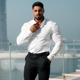 不透 商务弹力收腰正装 健身修身 长袖 显肌肉男衬衣硬汉痞帅 衬衫