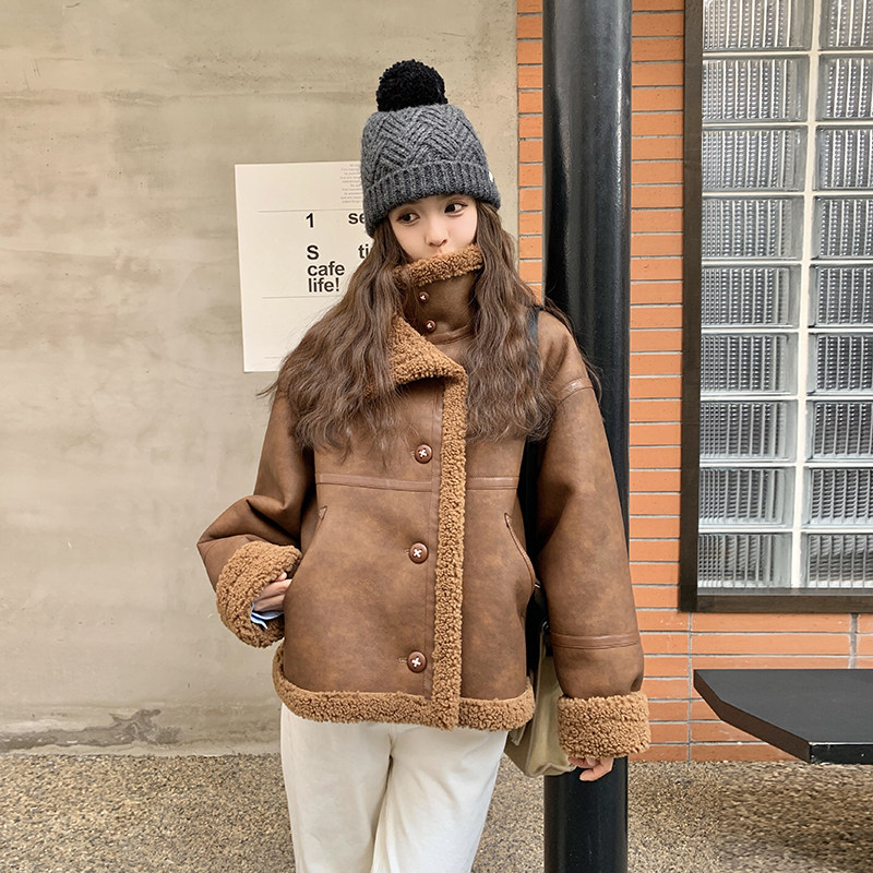 韩系复古咖色皮毛一体羊羔毛外套女冬季2025新款小个子巨好看棉服,女装短外套,浙宝136