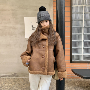 韩系复古咖色皮毛一体羊羔毛外套女冬季2025新款小个子巨好看棉服图片