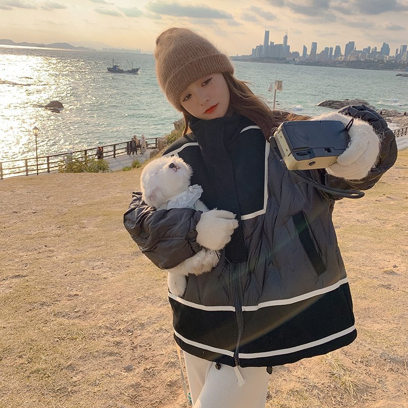 设计感撞色羽绒服女2024冬季新款韩系高级感小个子立领面包服外套,女装羽绒服,浙宝136
