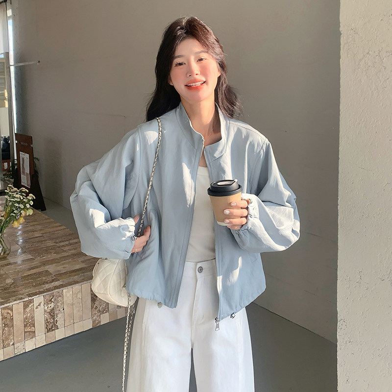 浅蓝色高级感皮衣外套女2025春季新款今年流行宽松休闲百搭夹克潮,女装短外套,浙宝136