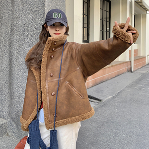 韩系复古咖色皮毛一体羊羔毛外套女冬季2025新款小个子巨好看棉服图片