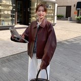 红翻领皮衣外套女春秋高级感韩系氛围感网红爆款pu皮夹克，女装皮衣，浙宝136