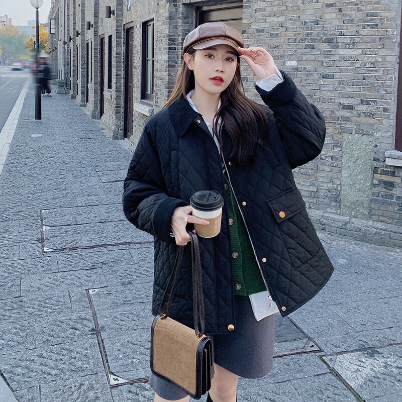 高级感菱格棉衣棉服外套女冬季2024新款爆款韩系撞色拼接翻领棉袄,女装棉衣/棉服,浙宝136