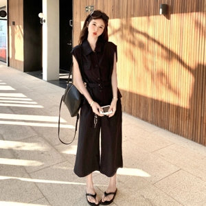 韩版工装收腰系带气质马甲套装女2025年夏季新款宽松休闲裤两件套图片