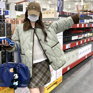 绿色菱格翻领羽绒棉服女2024冬季新款韩系撞色休闲小个子保暖外套图片