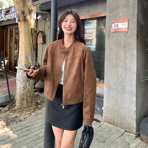 休闲小个子咖色麂皮绒外套女春秋2025新款独特漂亮超火巨好看夹克,女装短外套,浙宝136