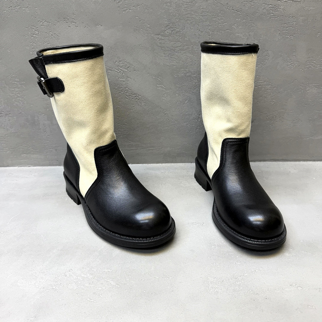 麦露迪秋冬拼色牛皮粗跟女骑士靴