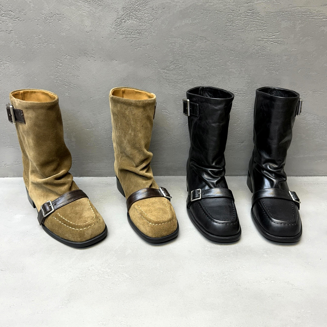 欧洲站欧货女鞋真皮2026年秋冬新款皮带扣中筒靴方头堆堆靴时装靴