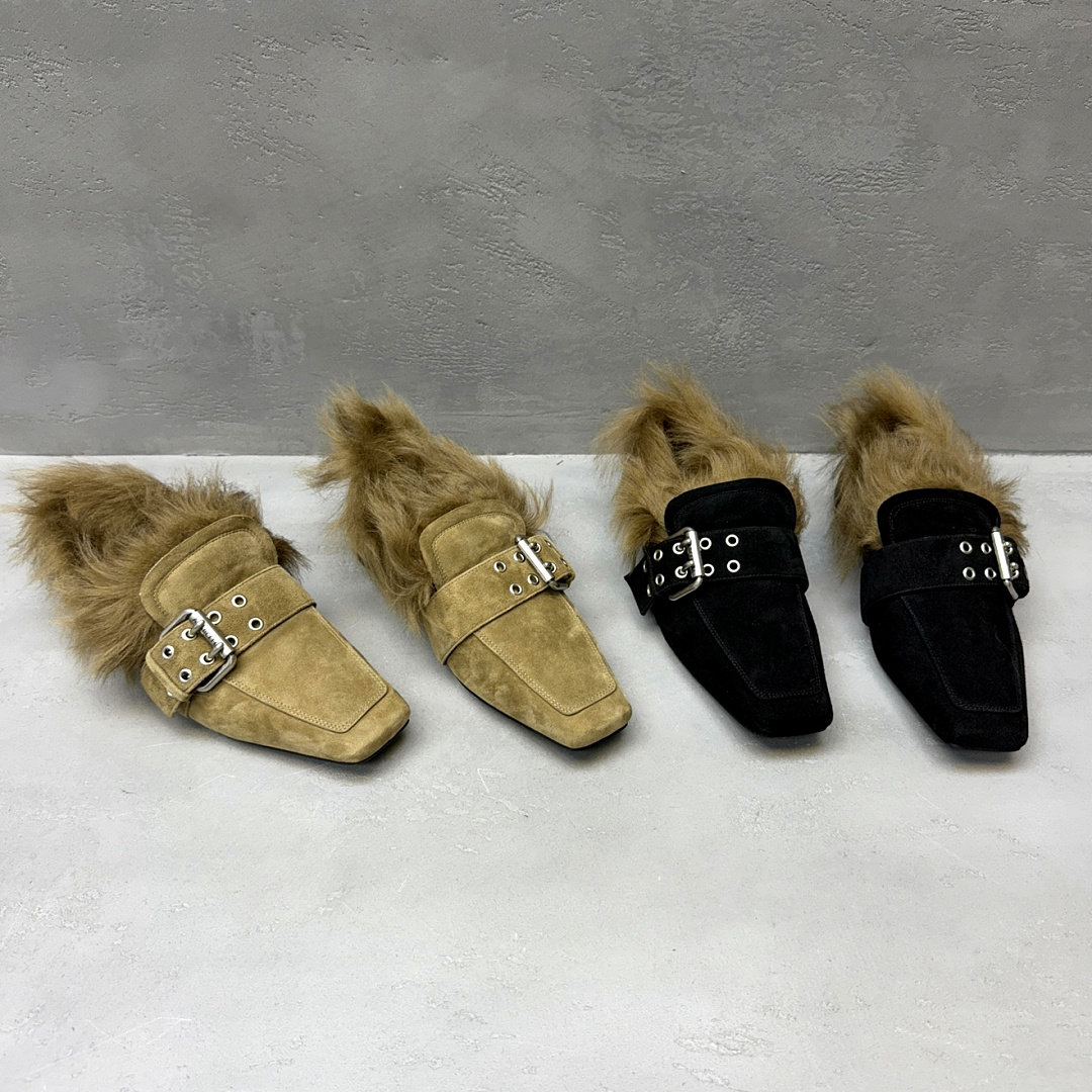 乐魔毛绒方头带扣一脚蹬穆勒鞋