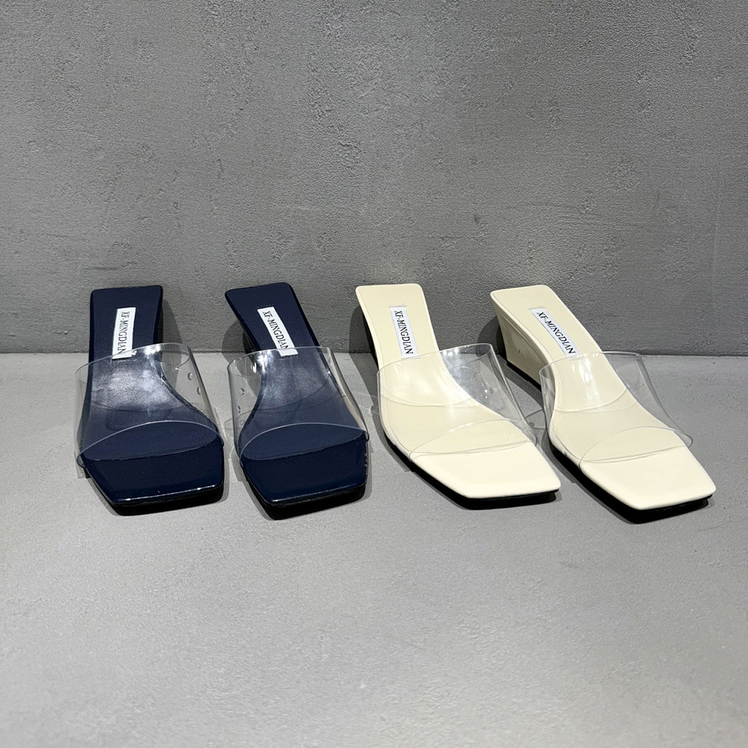 欧洲站欧货女鞋透明胶片一字拖女坡跟方头凉拖鞋时尚增高气质女鞋