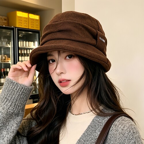 秋冬季羊毛呢盆帽时尚气质优雅妈妈帽子女户外出游百搭卷边渔夫帽