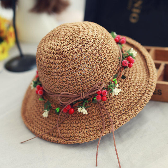 亲子款帽女夏天海边镂空沙滩编织小清新花环草帽遮阳帽旅游防晒