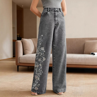 2026春季 长裤 薄料新款 复古百搭拖地牛仔裤 女 刺绣时尚 重工牛仔女裤