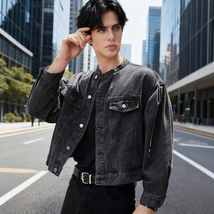 欧美风牛仔外套男款潮流简约黑色百搭无领轻抱夹克春秋款上衣短款