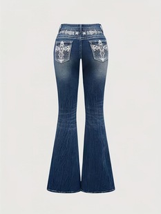 重工洗水弹力喇叭牛仔长裤 欧美风刺绣牛仔裤 水钻点缀设计欧美女装