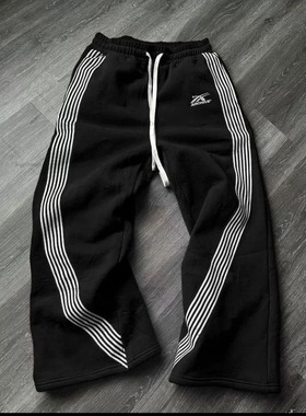 欧美风潮流卫裤宽松条纹加绒抓绒运动裤男女Striped sweatpants