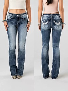 刺绣女士高腰弹力重工洗水牛仔长裤 Jeans新款 女 欧美风Women