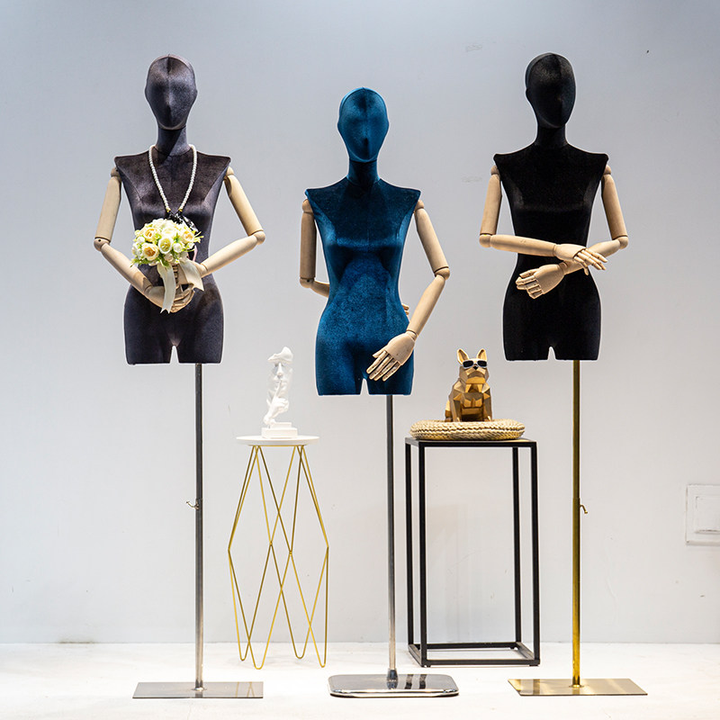 服装店韩版丝绒小胸模特道具女橱窗半身人台展示架婚纱平肩模特架