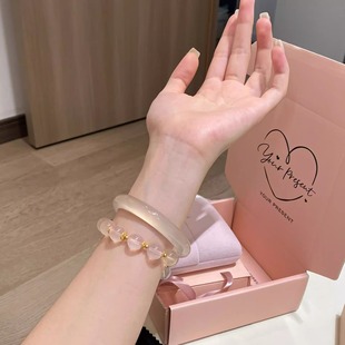 天然马料香槟粉玛瑙玉髓手镯白月光藕粉浅香槟金高冰高透带证书