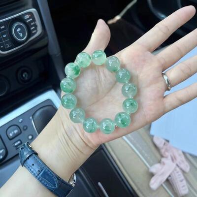 缅甸冰种飘花翡翠处理手链女款冰透飘花圆珠子手串玉石手链冰透