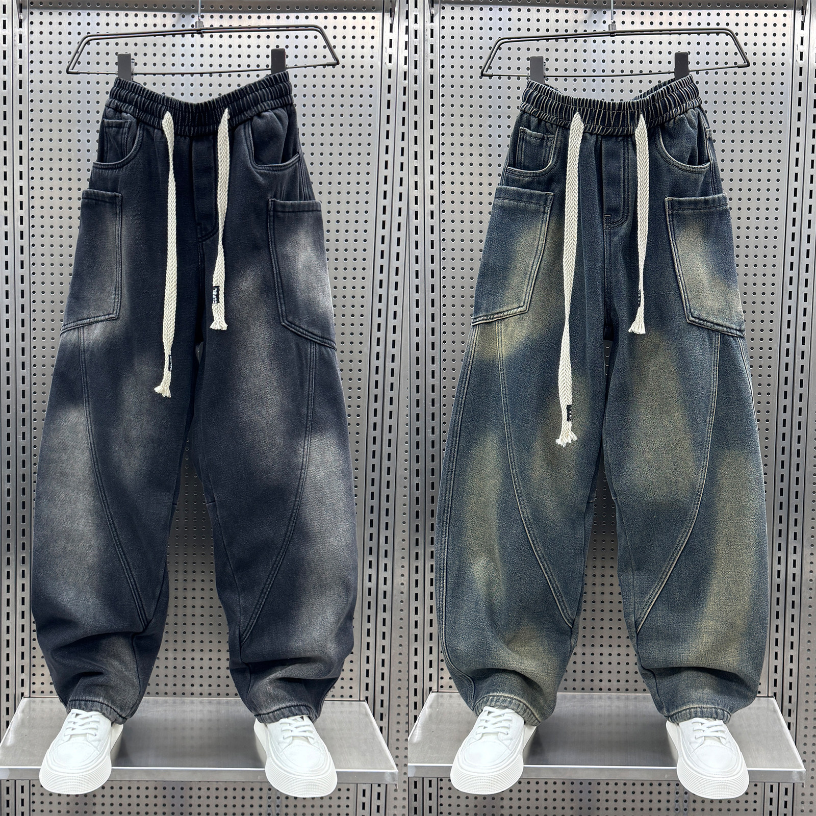 美式复古多口袋弯刀牛仔裤男士秋冬加绒休闲哈伦裤痞帅时尚老爹裤,男装,牛仔裤,淘宝优惠券,粉丝福利购,淘宝优惠卷