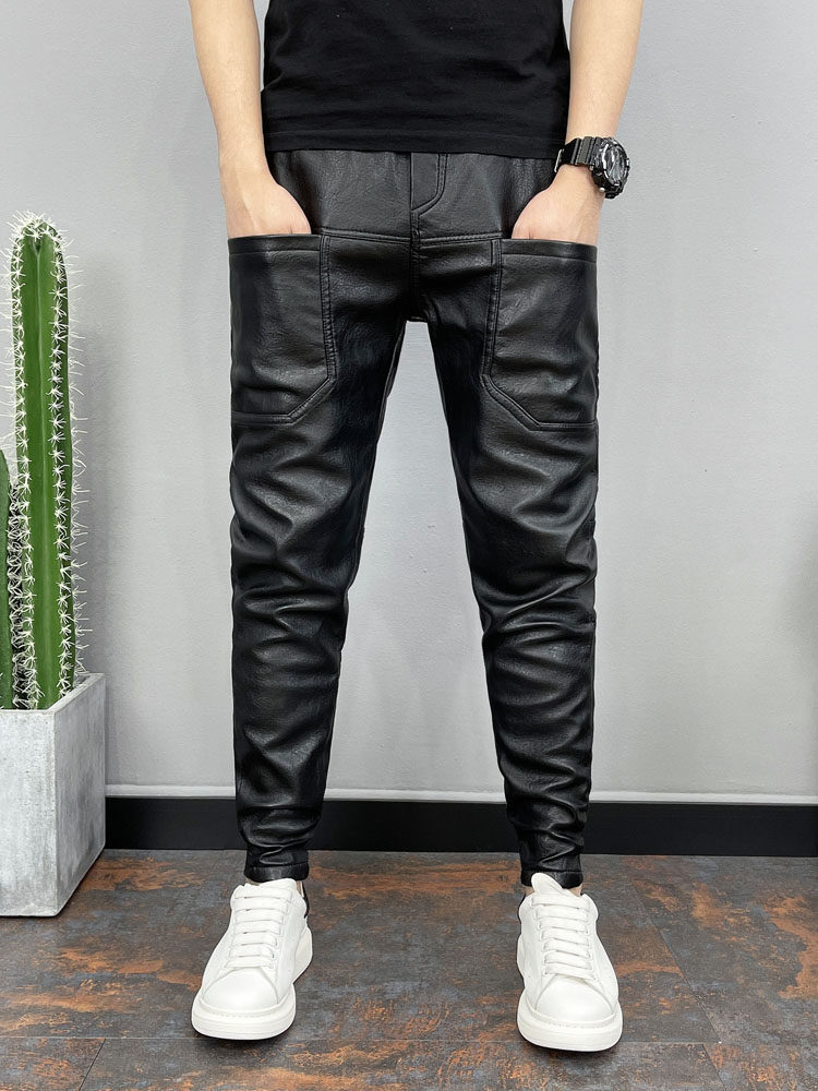 겨울 남성 벨벳 두꺼운 가죽 바지 오토바이 청소년 유행 브랜드 6 포켓 따뜻한 레깅스 테이크 아웃 방풍 및 방수 바지