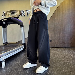 秋冬季男士弯刀裤美式复古水洗针织阔腿裤宽松百搭休闲裤中腰长裤