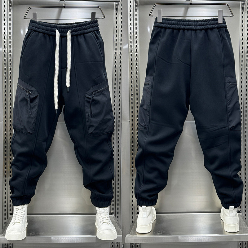 美式宽松多口袋加绒工装裤男潮牌拼接痞帅束脚裤秋冬休闲运动卫裤,男装,休闲裤,淘宝优惠券,粉丝福利购,淘宝优惠卷