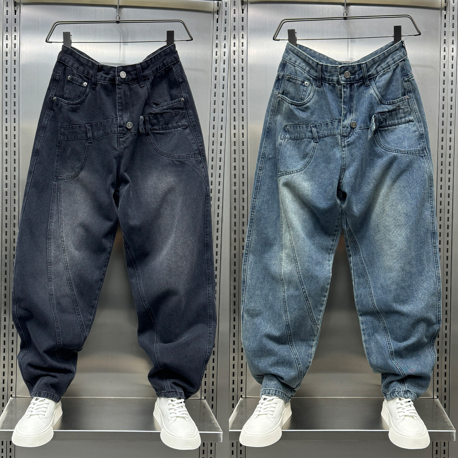 美式水洗复古牛仔弯刀裤男士秋冬潮牌拼接阔腿长裤痞帅哈伦直筒裤,男装,牛仔裤,淘宝优惠券,粉丝福利购,淘宝优惠卷