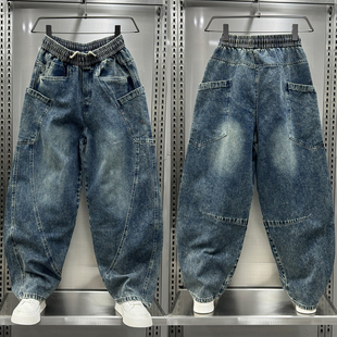 痞帅老爹裤 美式 宽松阔腿休闲弯刀裤 男2024秋季 复古水洗做旧牛仔裤