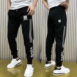 男2025秋冬新款 宽松休闲小脚裤 潮流运动裤 韩版 条纹拼接哈伦裤 卫裤