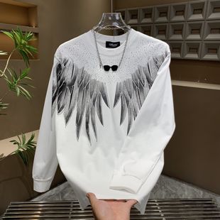 设计感烫钻天使翅膀印花长袖T恤男2025秋季洋气羽翼休闲打底卫衣