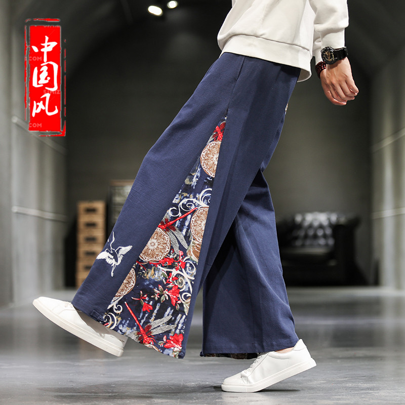 春秋宽松直筒裤男中国风设计感裤子拼接款垂感阔腿裤古风休闲长裤