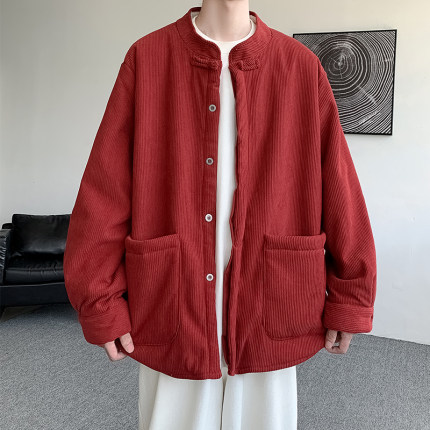 中国风中式复古灯芯绒禅修服男保暖加绒加厚衬衫男装大码衬衣外套