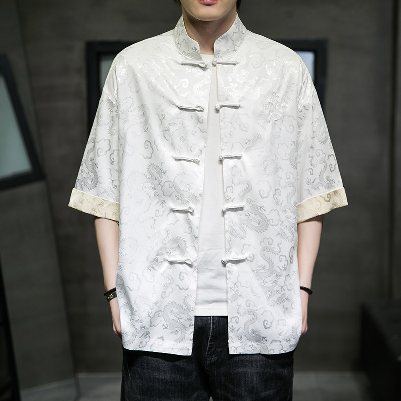 中国风男装夏季新中式汉服冰丝唐装男士盘扣短袖衬衫改良古风上衣