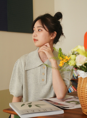 DFD 复古慵懒韩系泡泡袖木扣大翻领宽松两色针织上衣PoloT恤女夏