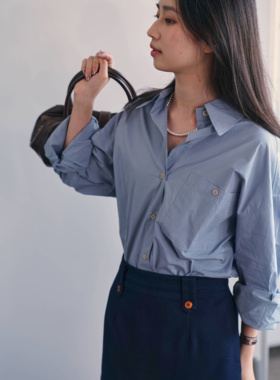 DFD 法式百搭叠穿设计感蓝色显背薄宽松长袖衬衫上衣女